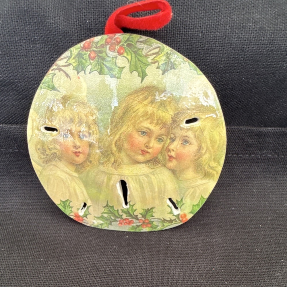 Decorative REAL Sand Dollar Shell Ornament with Angels, Holly,‎ and Red Ribbon